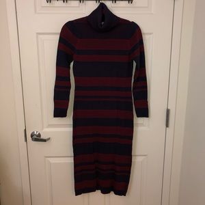 Navy/Oxblood Striped Turtleneck Cotton Midi Dress